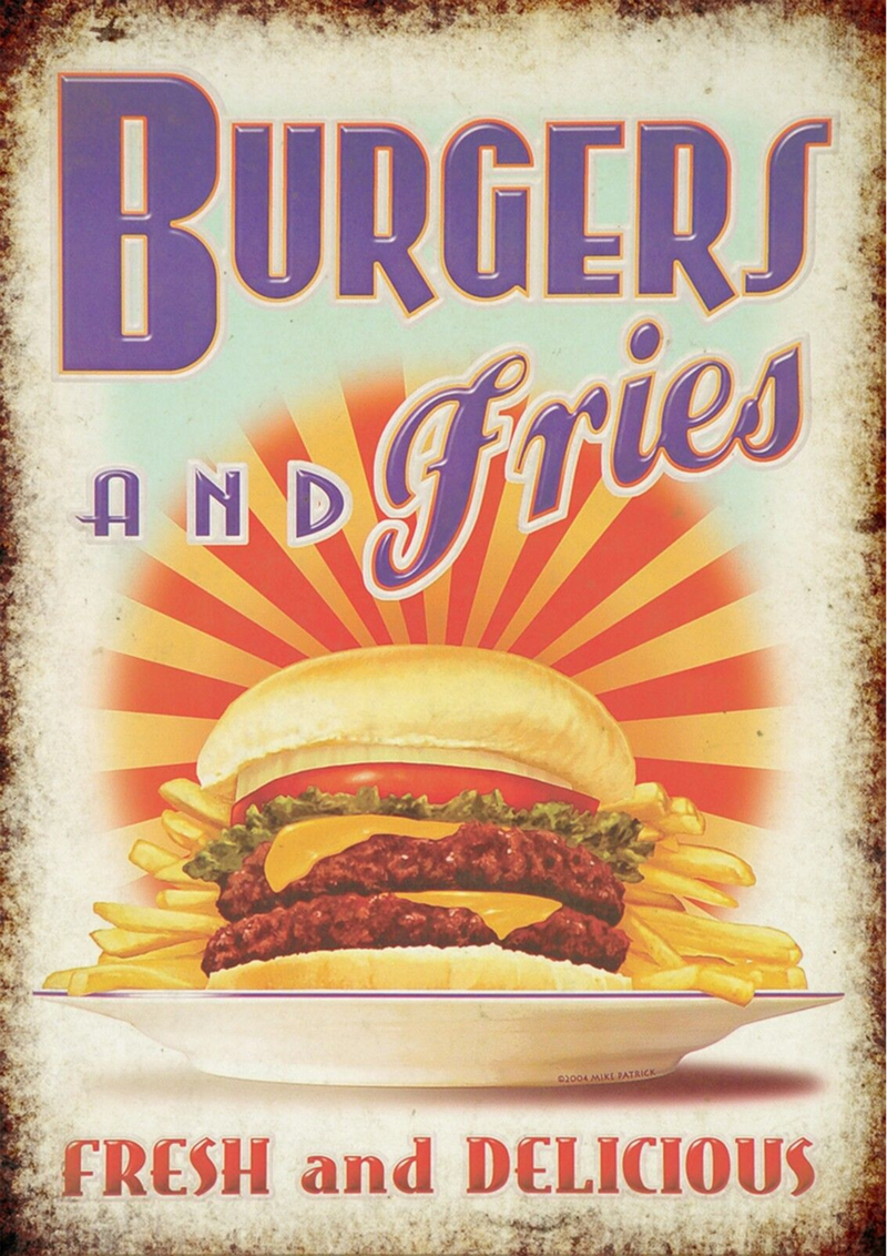Metalen mancave reclamebord Burgers and Fries 20x30 cm